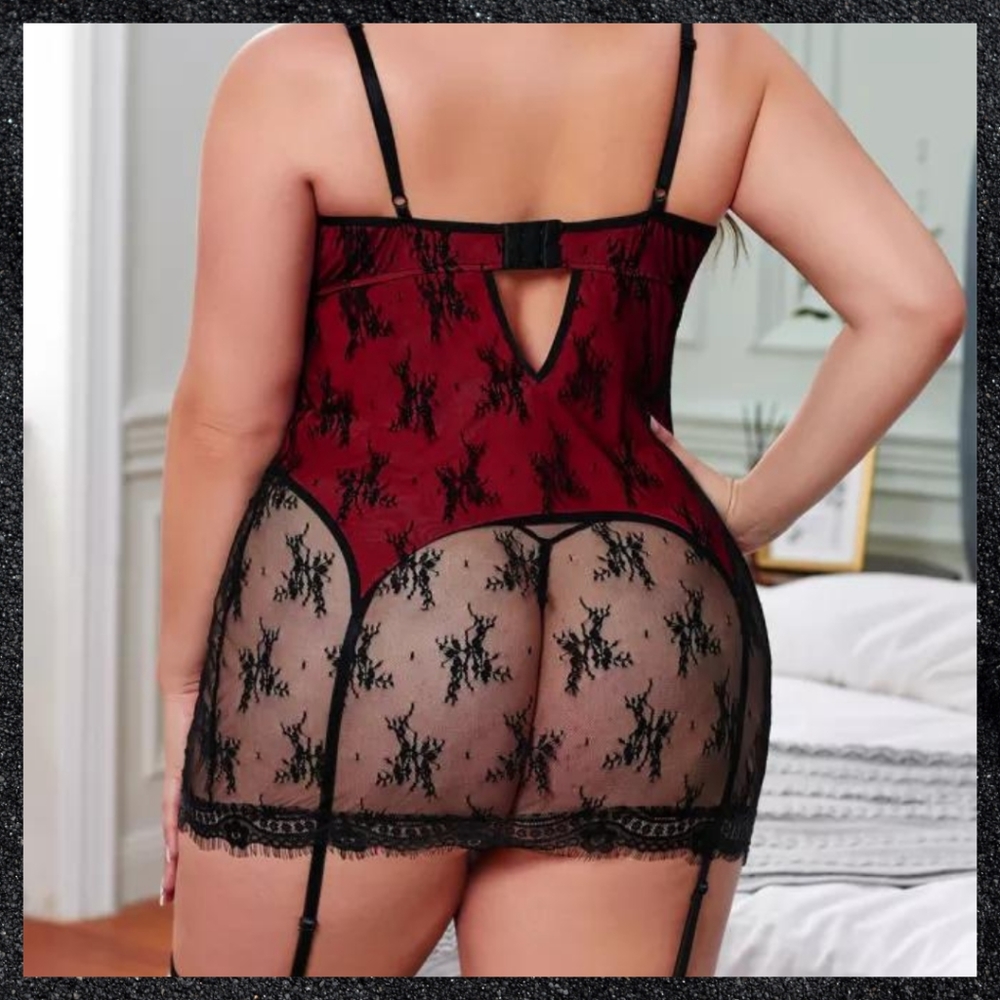 Red & Black Lace Layered Garter Chemise Dress Plus Size - Picture 8 of 11